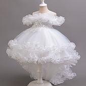 preiswerte Kleider für die Blumenmädchen-Blumenmädchenkleid Mädchen Formelle Kleidung Prinzessinenkleid Party Kleid Hochzeit Besondere Anlässe bezaubernd Süß Rüschen Zip Feste Farbe Kurzarm Rundhalsausschnitt Weiß Champagner 4-13 Jahre