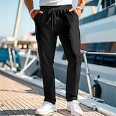 cheap Holiday-Men&#039;s Linen Pants Trousers Summer Pants Beach Pants Drawstring Elastic Waist Straight Leg Plain Comfort Breathable Casual Daily Holiday Fashion Classic Style Black White