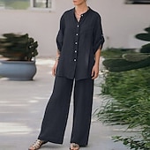 billiga Uppsättningar-Dam Mode Streetwear Skjorta Linneinspirerade set Tvådelade set Linne Byxor Byxor Långärmad Hög krage Ensfärgat Dagliga kläder Datum Marinblå Orange Vår Normal