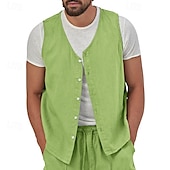 זול ג&#039;ילטים-בגדי ריקוד גברים וסט Gilet אפוד פשתן חופשה יומי פגישה (דייט) אופנתי יום יומי קיץ אביב כפתורים כיס פשתן נוח אחיד חזה יחיד כפתור יחיד צווארון V רגיל שחור צהוב ירוק בהיר כחול נייבי אֵפוֹד
