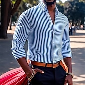 preiswerte Herrenhemd zum Knöpfen-Herren Hemd Sommerhemd Freizeithemd Knopfhemd Rote Blau Grün Kaki Dunkelblau Langarm Streifen Revers Urlaub Hawaiianisch Button-Down Bekleidung Polyester Mode Lässig Bequem