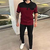 cheap Men&#039;s Classic Polo-Men&#039;s Golf Shirt Golf Polos Shirts Work Casual Lapel Short Sleeve Basic Modern Color Block Patchwork Buttons Summer Spring Regular Fit Wine Green Khaki Gray Golf Shirt