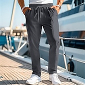 cheap Holiday-Men&#039;s Linen Pants Trousers Summer Pants Beach Pants Drawstring Elastic Waist Straight Leg Plain Comfort Breathable Casual Daily Holiday Fashion Classic Style Black White