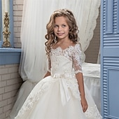 cheap Flower Girl&#039;s Dresses-Flower Girl Dress Kid&#039;s Girls&#039; Lace Dress Formal Dress Princess Dress First Communion Dress Performance Wedding Party Elegant Beautiful Mesh Solid Color Half Sleeve Off Shoulder White 4 years+