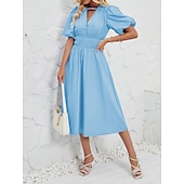 cheap Dresses-Retro Vintage 1950s Midi Dress Flare Dress Puff Sleeve Solid Color A-Line V Neck Women&#039;s Masquerade Wedding Vacation Tea Party Adults&#039; Dress