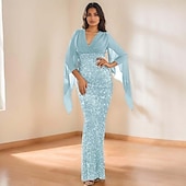 preiswerte Abendkleider-Meerjungfrau  Trompeten Abendkleid Elegantes Kleid Formelles Hochzeitsbodenlänges 3/4-Länge Ärmel V-Ausschnitt Chiffon mit Pailletten