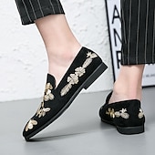 levne Poloformální-pánské černé semišové slip-on mokasíny se zlatou květinovou a včelí výšivkou – elegantní neformální obuv na svatby, večírky a formální události