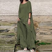 preiswerte Sets-Damen Streetwear Betrübt Hemd Baumwoll-Leinen-Sets Zweiteilige Sets Leinenhosen Hosen Hose Halbarm Rundhalsausschnitt Einfarbig Kordelzug Alltagskleidung Date Armeegrün Marineblau Khaki Sommer