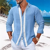 economico Vacanza-Per uomo Camicia camicia di lino Maglietta informale Camicia con bottoni Camicia di cotone Color Block Da mare Hawaiano Bianco Azzurro cielo Grigio Manica lunga Bavero Primavera Autunno Abbigliamento