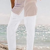 cheap Classic-Men&#039;s Linen Pants Trousers Summer Pants Beach Pants Pocket Drawstring Elastic Waist Plain Comfort Breathable Vacation Daily Holiday Hawaiian Boho ArmyGreen Black