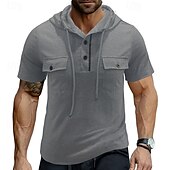 cheap Men&#039;s Casual T-shirts-Men&#039;s T Shirt Henley Shirt Tee Short Sleeve Shirt Short Sleeve Hooded Henley Summer Spring Color Block Fashion Designer Basic Drawstring Vacation Street Going out Black Khaki Light Grey Top Tee for