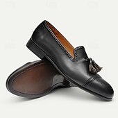 billiga Premium läder Loafers-bruna tofsloafers i läder för män med brogue-detaljer, klassiska slip-on klänningskor för bröllop, fester och formella evenemang
