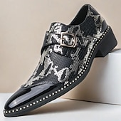 abordables Officiel-mocassins à imprimé serpent noir et blanc pour hommes avec détails en cuir verni et boucle – chaussures à enfiler élégantes pour les occasions formelles et décontractées