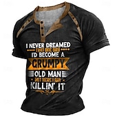 cheap Funny Words-Birthday Mens Graphic Shirt Henley Tee Color Block Letter Clothing Apparel 3D Print Outdoor Casual Short Sleeve Patchwork Button Down Fashion Designer T-Shirt Black Cotton Grumpy Old Man Button-Down