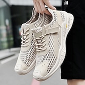cheap Men&#039;s Sneakers-Men&#039;s Beige Mesh Sneakers with Lace-up &amp; Velcro Strap, Breathable Casual Sports Shoes for Summer