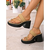 cheap Casual Sandals-Khaki Platform Heels for Women – Chic Toe-ring Sandals with Metal Detail for Casual and Evening Wear