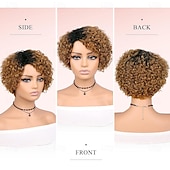cheap Human Hair Capless Wigs-Fancy Hair Short Curly Human Hair Wigs Pixie Cut Kinky Curly Wig Honey Blonde With Dark Roots Side Part Deep Curly No Lace Front Brazilian Remy Human Hair Wig for Black Women Daily Use