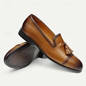 billiga Premium läder Loafers-bruna tofsloafers i läder för män med brogue-detaljer, klassiska slip-on klänningskor för bröllop, fester och formella evenemang