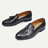 billiga Premium läder Loafers-bruna tofsloafers i läder för män med brogue-detaljer, klassiska slip-on klänningskor för bröllop, fester och formella evenemang