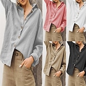 voordelige Overhemden-Dames Overhemd Katoenen linnen overhemden Linnen overhemd Knoop omhoog Effen Dagelijks Stijlvol Basic Lange mouw Overhemdkraag Normale tops Werk Dagelijks Feestdagen Knop Zwart Wit Khaki Lente Herfst