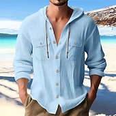 economico Vacanza-Per uomo Camicia camicia di lino Camicia estiva Camicia da spiaggia Liscio Da mare Informale Nero Bianco Blu marino Blu Manica lunga A fascia Primavera estate Abbigliamento