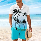 preiswerte Bedruckte Hemden-Sets für Herren-Herren Kokospalme 2St Hemden-Sets Hemd Kurzarm Kurze Hosen Kubanisches Halsband Urlaub Alltagstauglich Party Lässig Täglich 3D-Druck Sommer Rubinrot Gelb Orange