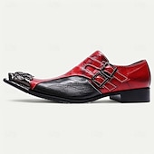 voordelige Elementaire Dress Schoenen-Heren Premium Kalfsleren Dubbele Gesp Instappers met Gouden Punt Dapper Rood en Zwart Ontwerp en Leeuwenhoofd Detail – Stijlvolle Instapschoenen voor Modebewuste Mannen en Speciale Gelegenheden