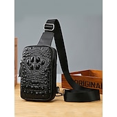 tanie Torby męskie-czarna skórzana torba typu crossbody z wytłoczonym wzorem skóry krokodyla dla mężczyzn – kompaktowa torba typu sling z regulowanym paskiem do codziennego użytku