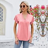 billige Plain t-skjorte-Dame Boho T-skjorte عادي Bohem søt stil Stilfull Kortermet Sommerfuglermer V-hals Vanlige topper Daglig Ut på byen Helg Drapering Svart Hvit Rosa Blå Fuksia Sommer