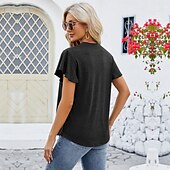 billige Plain t-skjorte-Dame Boho T-skjorte عادي Bohem søt stil Stilfull Kortermet Sommerfuglermer V-hals Vanlige topper Daglig Ut på byen Helg Drapering Svart Hvit Rosa Blå Fuksia Sommer