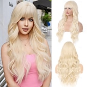 abordables Perruques Synthétiques Sans Bonnet-perruque avec frange pour femmes, perruque longue ondulée bouclée, perruque synthétique résistante à la chaleur pour filles, utilisation quotidienne, fête, Halloween, cosplay