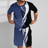 cheap Men's Printed Tees sets-Men's Geometic Line 2pcs Tees sets Summer Tops Short Sleeve Short Pants Crew Neck Sport Casual Outdoor Vacation Sport 3D Print Summer Robin's Egg Blue White ash-colored