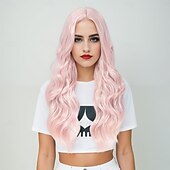 baratos Perucas Sintéticas sem Touca-Perucas sintéticas Ondulado Trama Curly Corte em Camadas Com Franjas Fabrico à Máquina Peruca Rosa 28 polegadas A1 Cabelo Sintético Mulheres Clássico Confortável Cores Gradiente Rosa