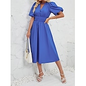 cheap Dresses-Retro Vintage 1950s Midi Dress Flare Dress Puff Sleeve Solid Color A-Line V Neck Women&#039;s Masquerade Wedding Vacation Tea Party Adults&#039; Dress