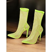 abordables Bottes à la mode-bottes à talons aiguilles en maille vert fluo – bottes à talons hauts transparentes et audacieuses pour femmes pour la mode et les tenues de club