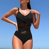 preiswerte Ein Stück &amp; Tankinis-Damen Badeanzug Bademode V-Ausschnitt Bademode Einfarbig Badeanzug Schwarz Marineblau Atmungsaktiv Schnelltrocknend Leichtgewichtig Ärmellos - Schwimmen Surfen Strand Sommer Frühling