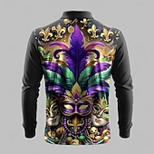 Недорогие Мужское поло с принтом-Карнавал Муж. Маски Поло Длинный рукав Футболки поло Рубашки с воротником Винтаж Фестивальный наряд 3D печать Весна Осень Зима Черный