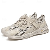 cheap Men&#039;s Sneakers-Men&#039;s Beige Mesh Sneakers with Lace-up &amp; Velcro Strap, Breathable Casual Sports Shoes for Summer