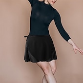 זול חצאיות לטיניות-חצאית מעטפת בלט שחורה עם קשירת מותן מתכווננת חצאית שיפון מעטפת חצאית ריקודים חצאית בלט נושמת לנשים