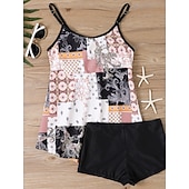 billiga Tankinis-Kvinnors tankini 2-delad baddräkt Boho shorts mage kontroll hög midja smal rygglös semester strandkläder paisley U-hals ärmlösa baddräkter