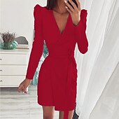 abordables Robe de cocktail-Femme robe longue Robe Droite Décontractées Vacances Standard Couleur unie manche longue Col V Rouge Eté