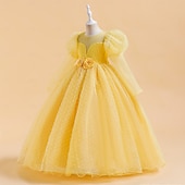 preiswerte Kleider für die Blumenmädchen-Blumenmädchenkleid Mädchen Formelle Kleidung Prinzessinenkleid Hochzeitskleidung Party Kleid Leistung Besondere Anlässe Prinzessin Süß Feste Farbe Langarm Rundhalsausschnitt Weiß Gelb 4-13 Jahre