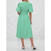 cheap Dresses-Retro Vintage 1950s Midi Dress Flare Dress Puff Sleeve Solid Color A-Line V Neck Women&#039;s Masquerade Wedding Vacation Tea Party Adults&#039; Dress