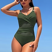 preiswerte Ein Stück &amp; Tankinis-Damen Badeanzug Bademode V-Ausschnitt Bademode Einfarbig Badeanzug Schwarz Marineblau Atmungsaktiv Schnelltrocknend Leichtgewichtig Ärmellos - Schwimmen Surfen Strand Sommer Frühling