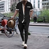 cheap Men&#039;s Basic Shirts Sets-Men&#039;s Waffle Shirt 2 Piece Shirt Set Summer Set Matching Sets Casual Shirt Plain Vacation Daily Black White Red Green Short Sleeve Collar Summer Clothing Apparel
