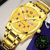baratos Relógios Quartz-Relógio digital masculino de negócios, mostrador redondo com strass, à prova d&#039;água, luminoso, com pulseira de liga, multifuncional, fashion, relógio de quartzo para homens, presentes de lazer e
