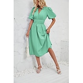 cheap Dresses-Retro Vintage 1950s Midi Dress Flare Dress Puff Sleeve Solid Color A-Line V Neck Women&#039;s Masquerade Wedding Vacation Tea Party Adults&#039; Dress