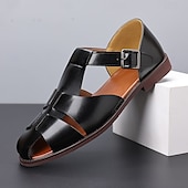 ieftine sandală de rochie-Sandale pentru bărbați din piele artificială maro, cu vârf deschis, cu curea cu cataramă reglabilă, stil casual pentru purtarea de zi cu zi