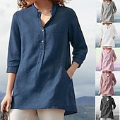 economico Camicie-Per donna Camicia Camicia di lino Camicie di cotone e lino Semplice Quotidiano Elegante Essenziale Manica 3/4 Colletto a Camicia Top Regolari Lavoro Quotidiano Ferie Bottoni Nero Bianco Blu Primavera