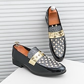 economico Semi-formale-mocassini da uomo in vernice nera con dettagli borchiati e cinturino dorato, scarpe casual alla moda per feste ed eventi speciali